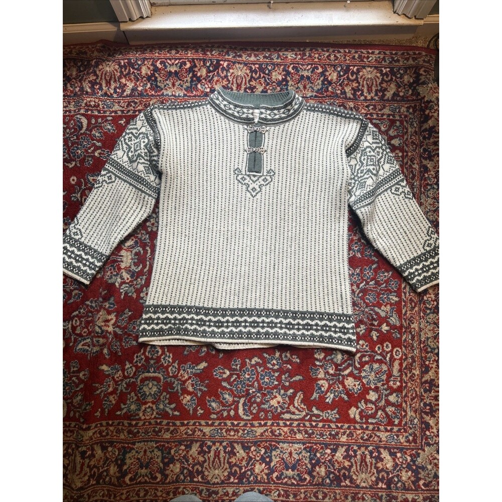 Boundary Waters Green & Ivory Nordic Wool Blend Fair Isles Sweater Small
